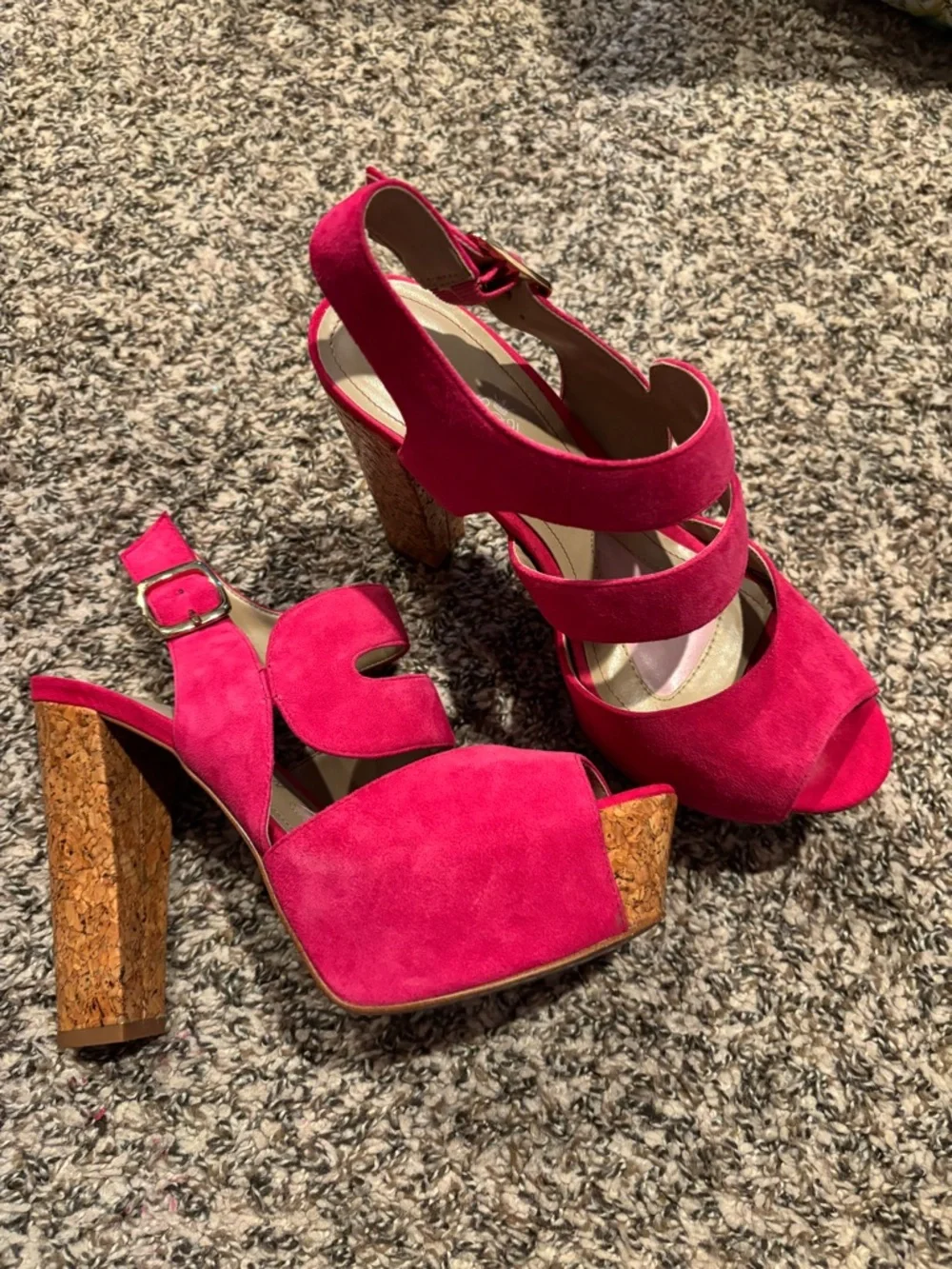 Paris Hilton Hot Pink Suede Platform Sandals with Cork Block Heel